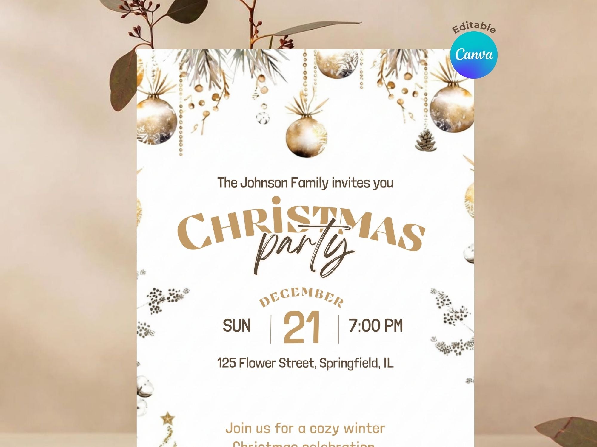 Winter Christmas Party Invitation – Editable Canva Template – Share or Printable 5x7 – Instant Download