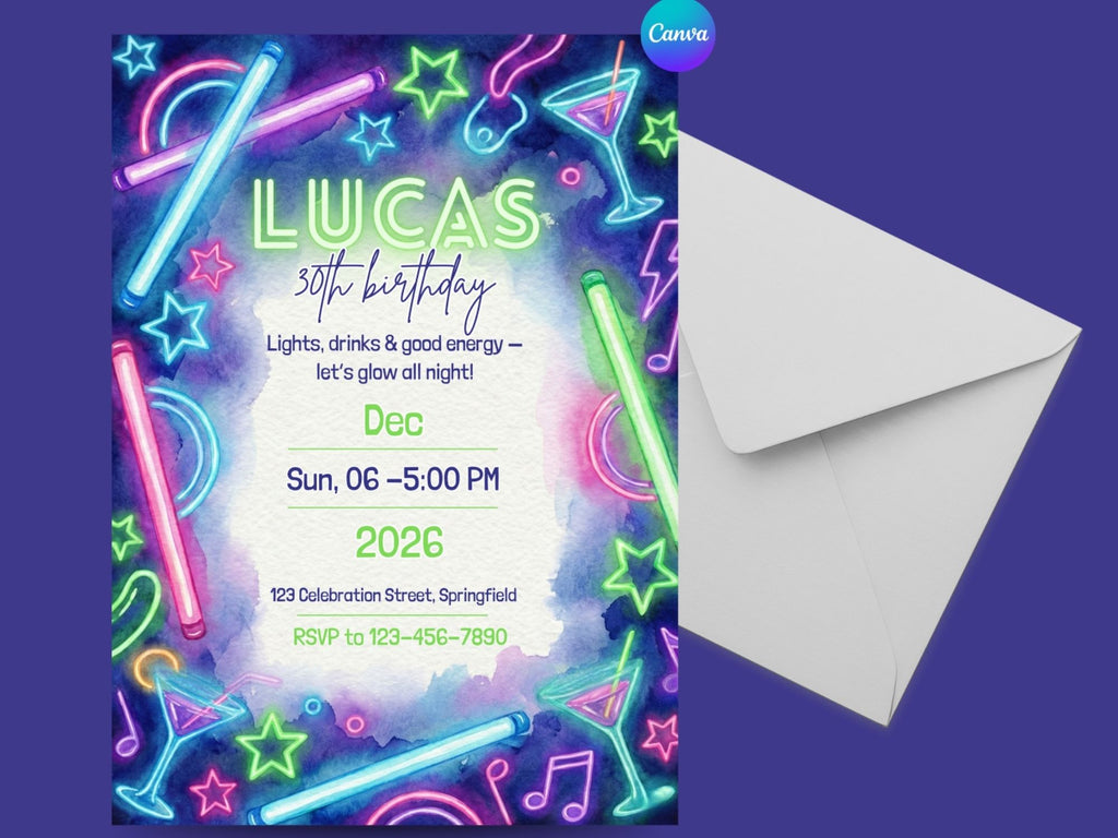 Neon Drink Party Invitation – Editable Canva Template – Share or Printable 5x7 – Instant Download