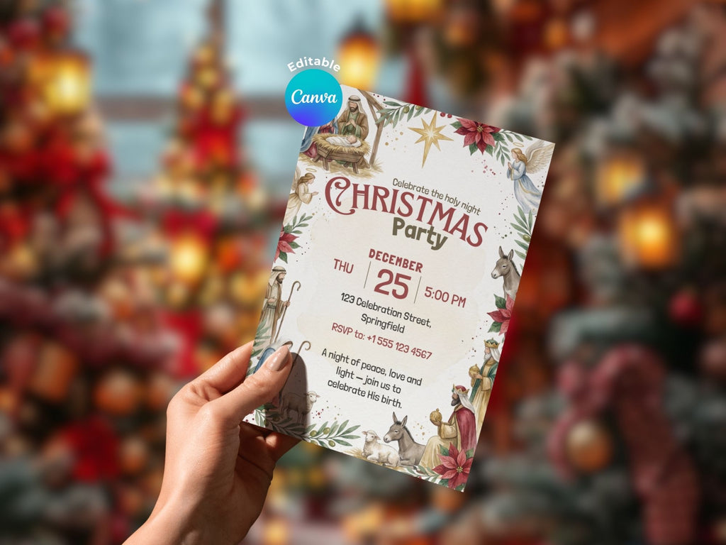 Nativity Christmas Invitation – Editable Canva Template – Share or Printable 5x7 – Instant Download