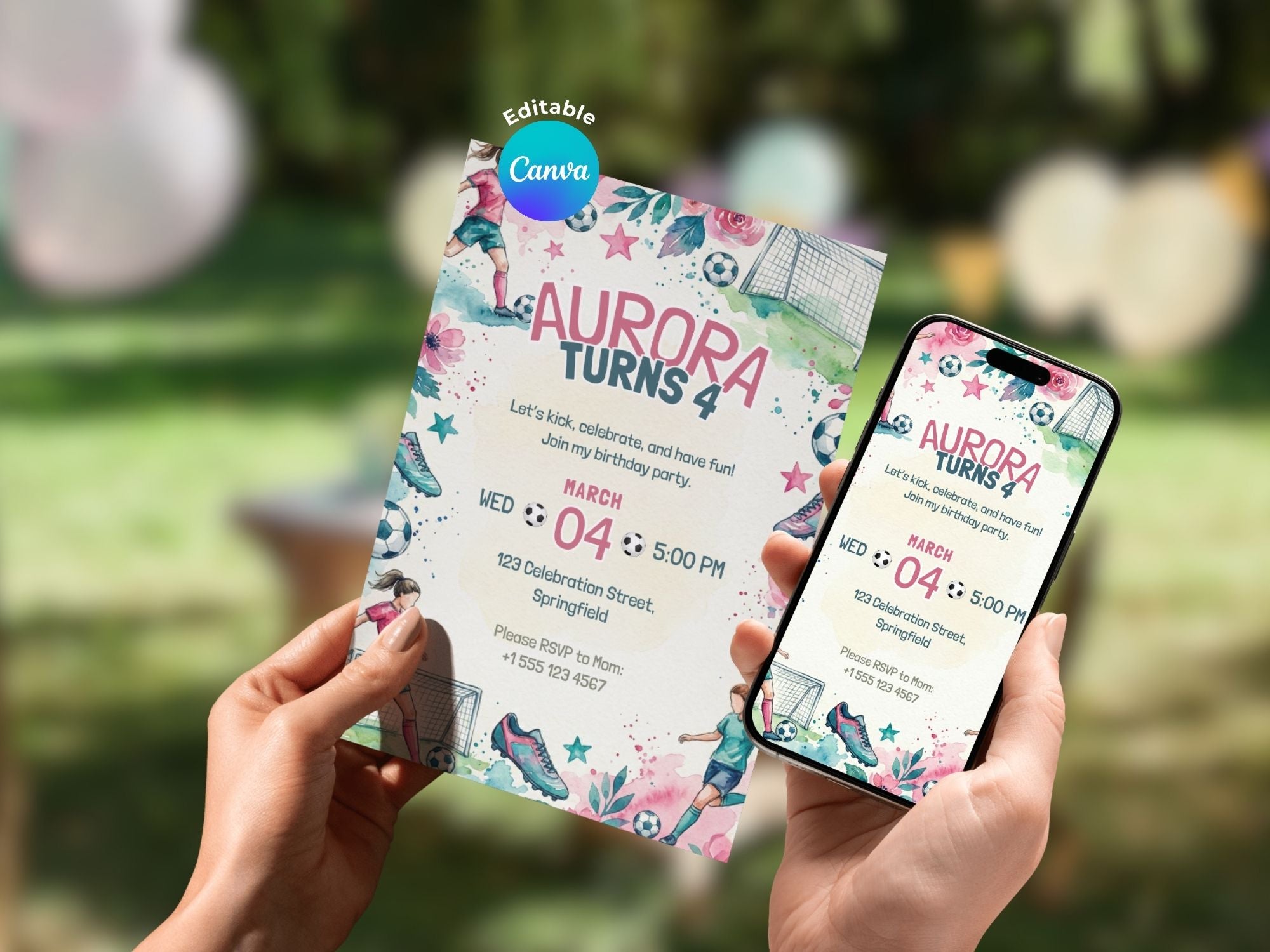 Soccer Girl Birthday Invitation – Editable Canva Template – Share or Printable 5x7 – Instant Download