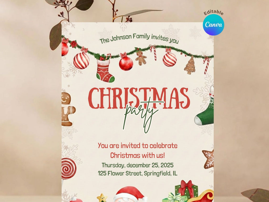 Santa Claus Birthday Invitation – Editable Canva Template – Share or Printable 5x7 – Instant Download