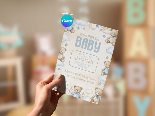 Blue Teddy Bear Baby Shower Invitation – Watercolor Plane Theme – Editable Canva Template – Share or Printable 5x7 – Instant Download