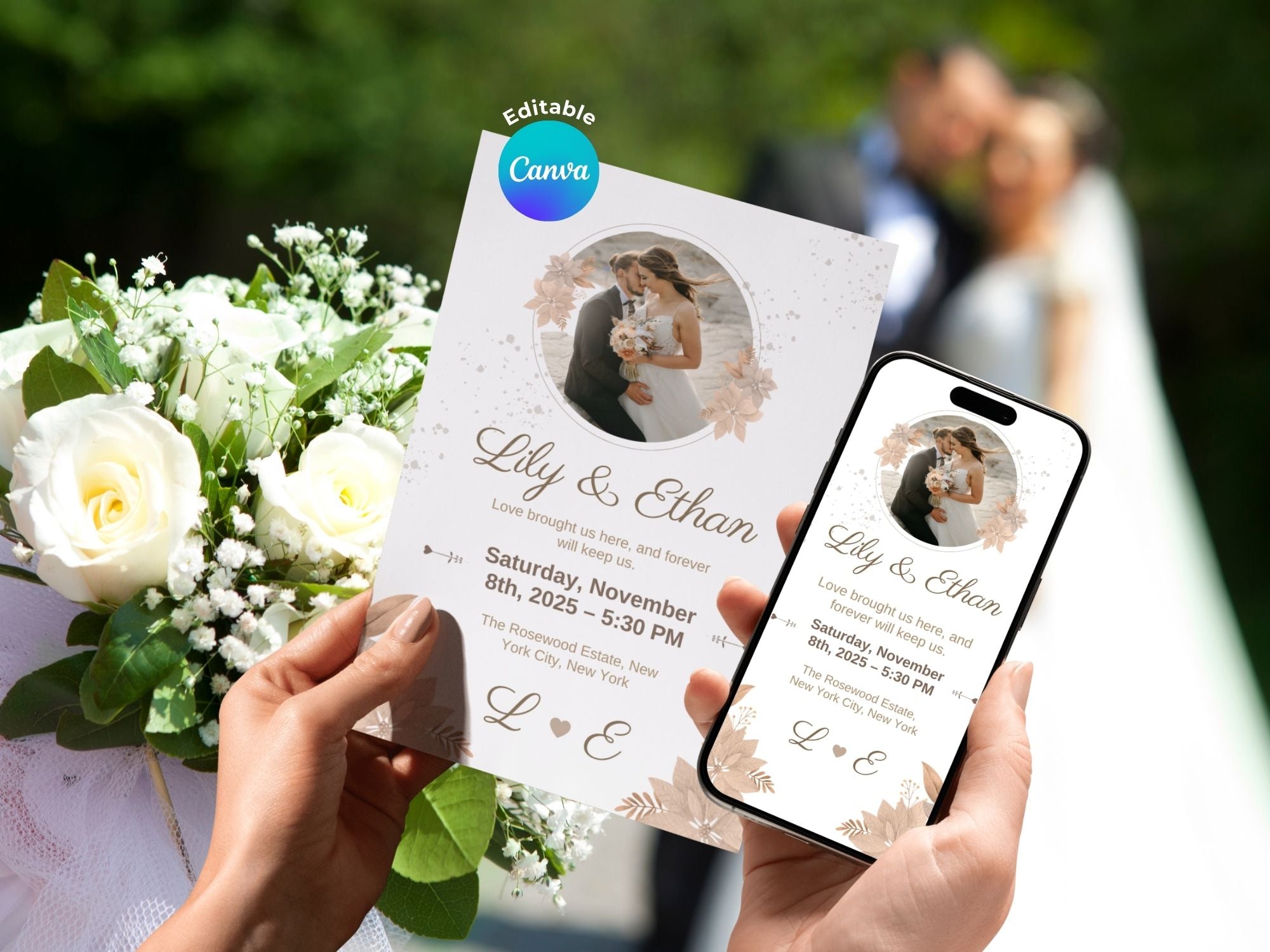 Whispering Blooms Wedding Invitation – Editable Canva Template – Share or Printable 5x7 – Instant Download