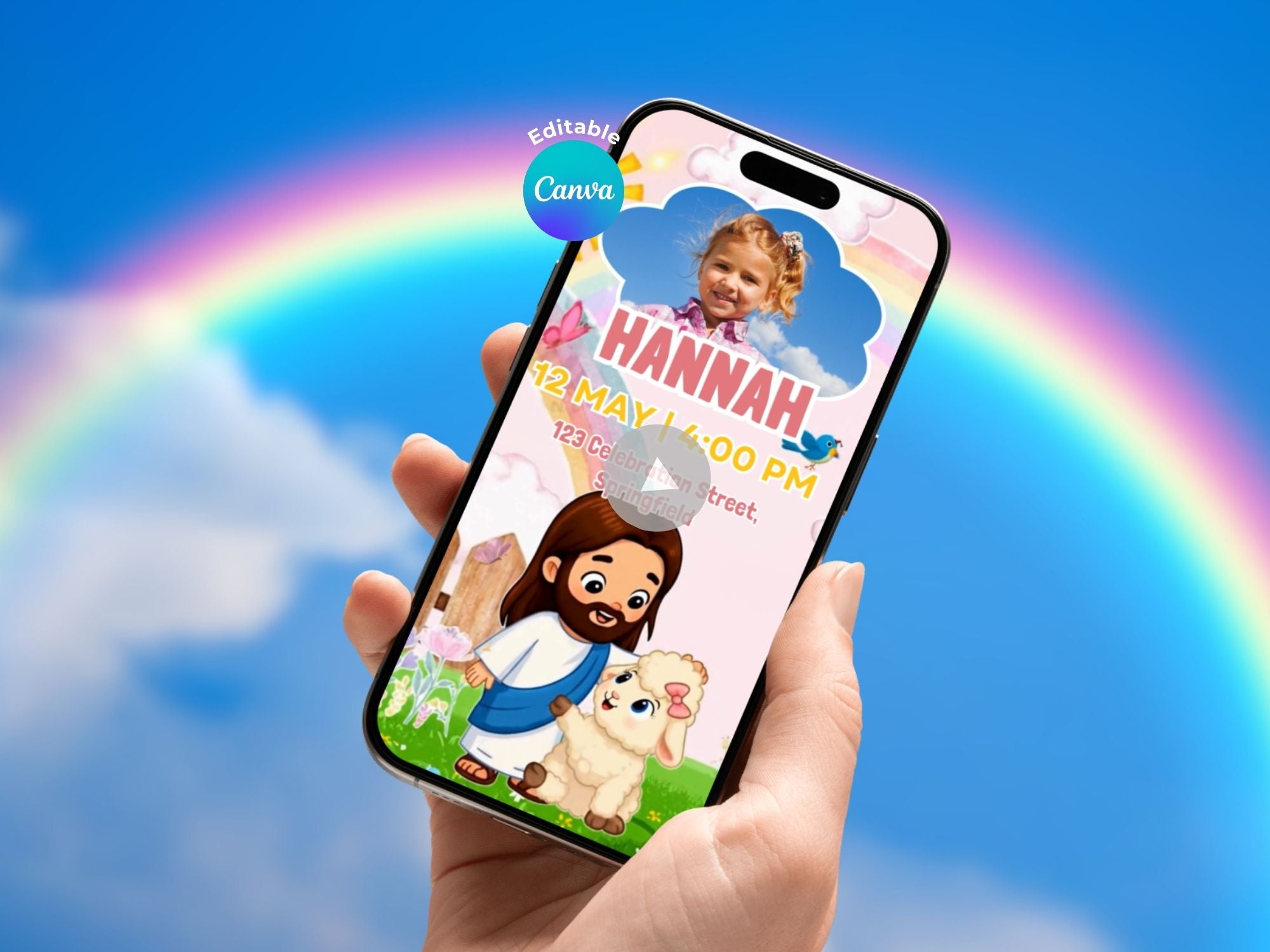 Jesus And His Little Lamb Invitation – Editable Canva Template – Share video mp4 – Instant Download