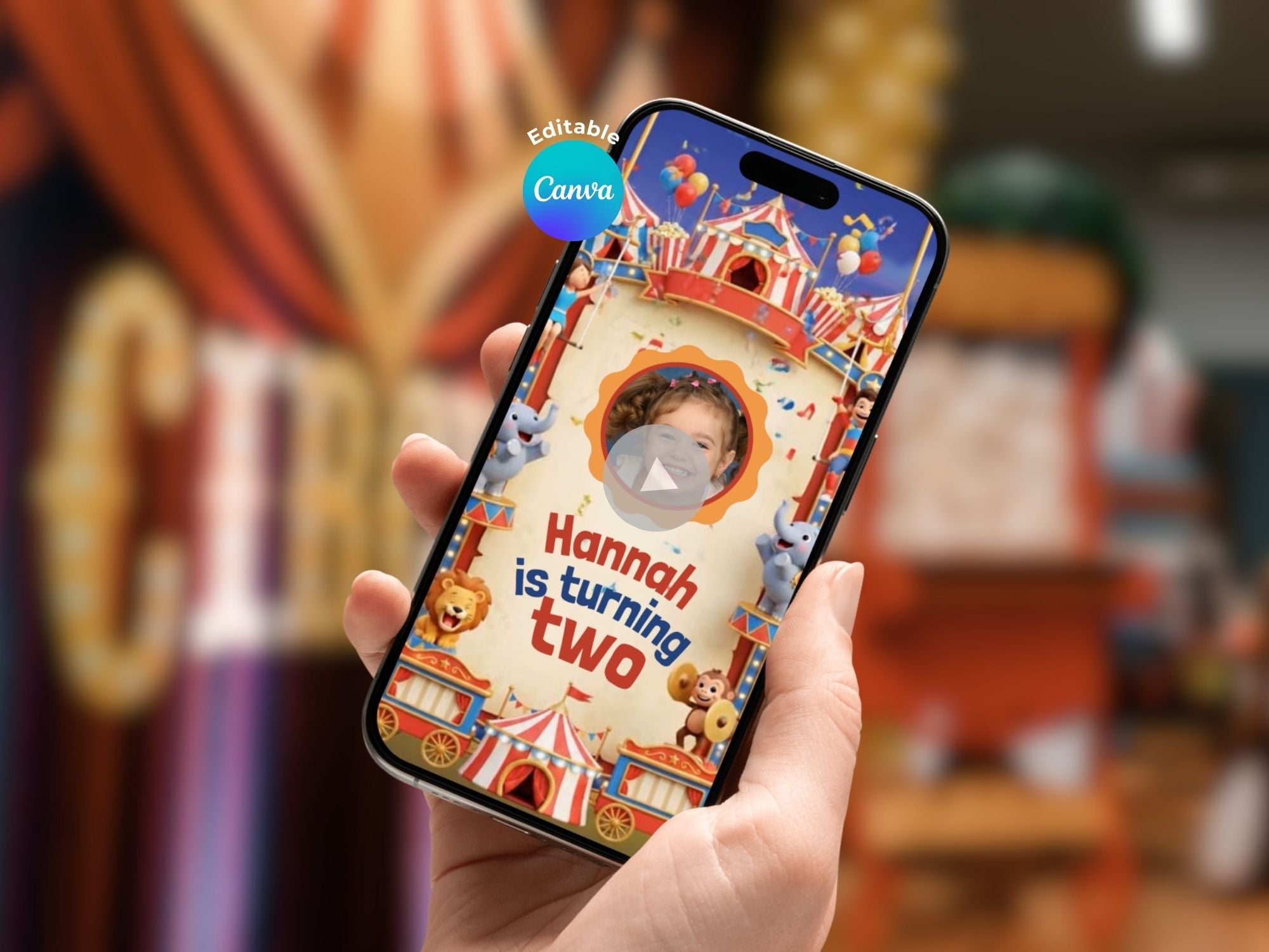 Kids Circus Party Video Invitation – Editable Canva Template – Share video mp4 – Instant Download