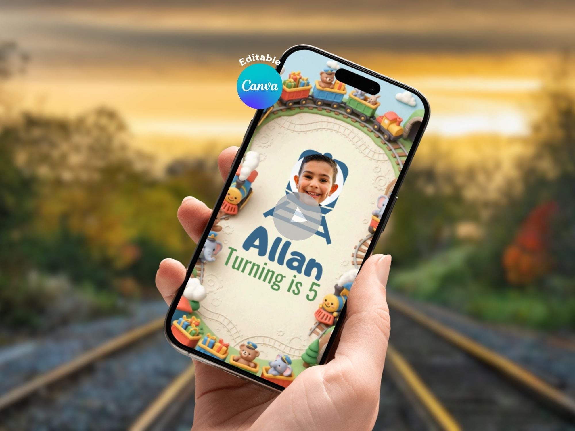 Train Track Birthday Video Invitation – Editable Canva Template – Share video mp4 – Instant Download