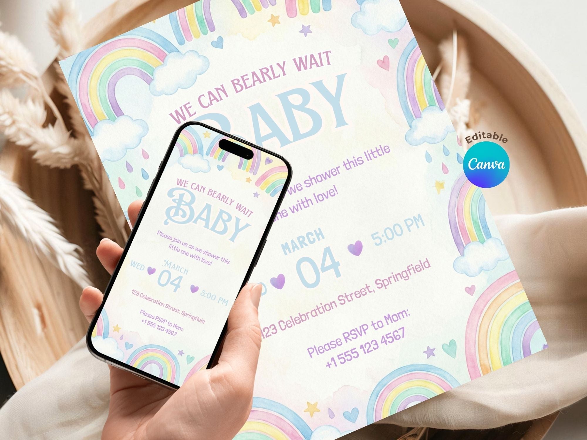 Watercolor Rainbow Baby Shower Invitation – Watercolor Plane Theme – Editable Canva Template – Share or Printable 5x7 – Instant Download