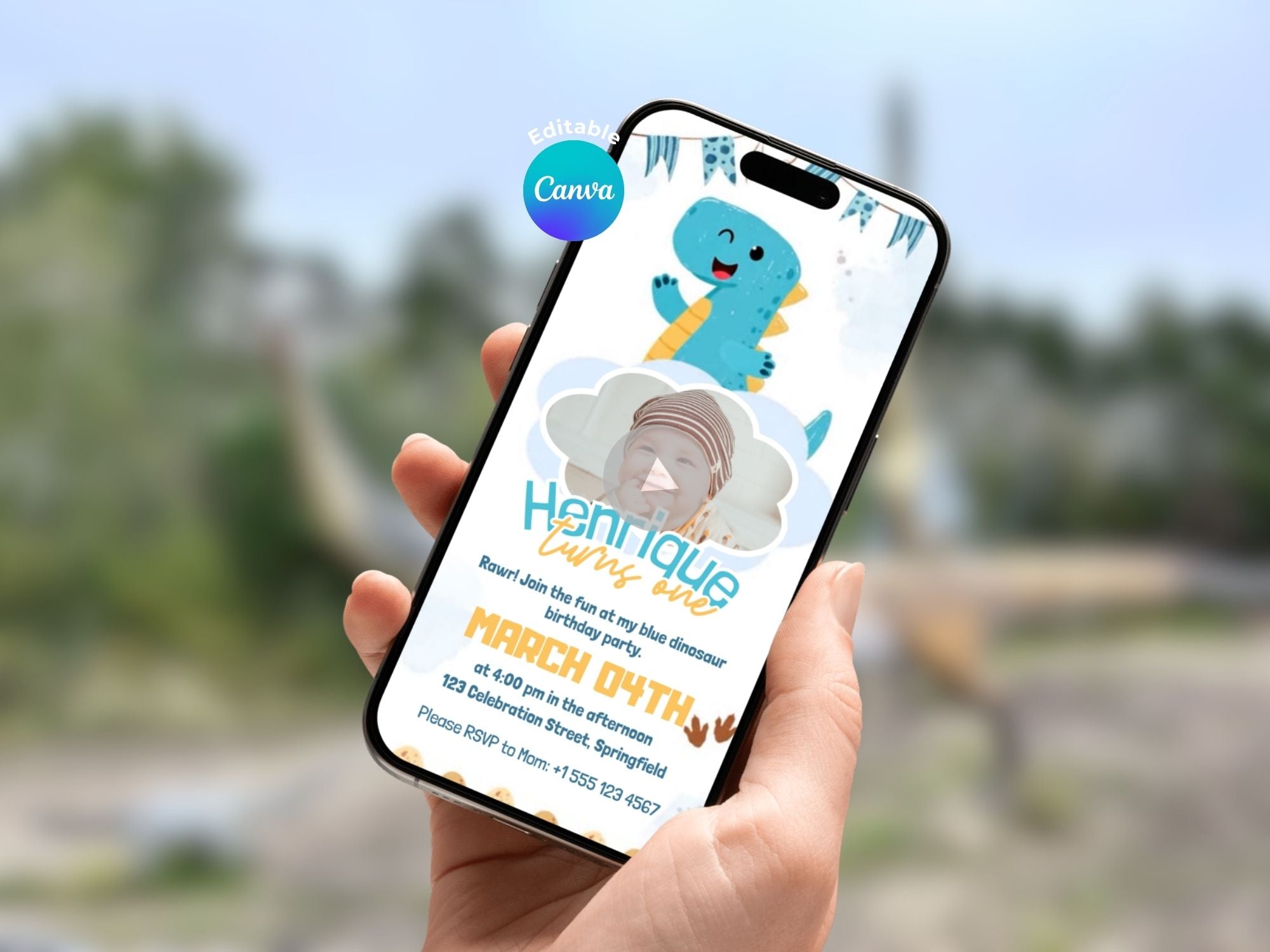 Cute Blue Dino Birthday Invitation – Editable Canva Template – Share video mp4 – Instant Download