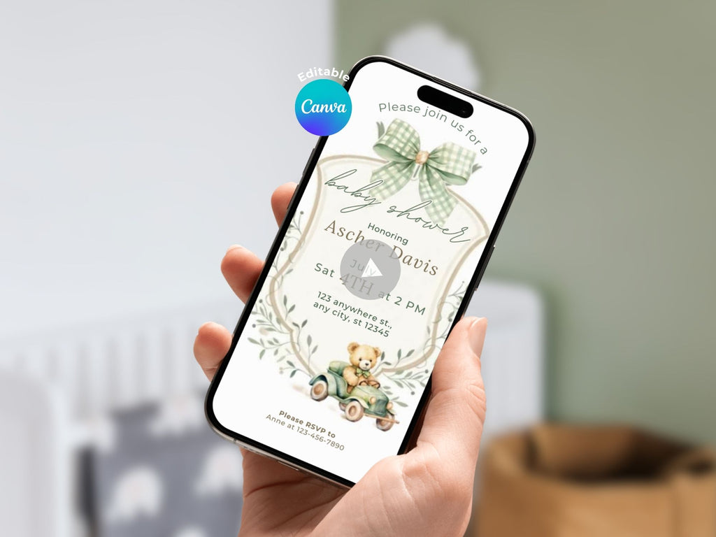 Green Baby Car Bear Baby Shower Invitation – Editable Canva Template – Share video mp4 – Instant Download