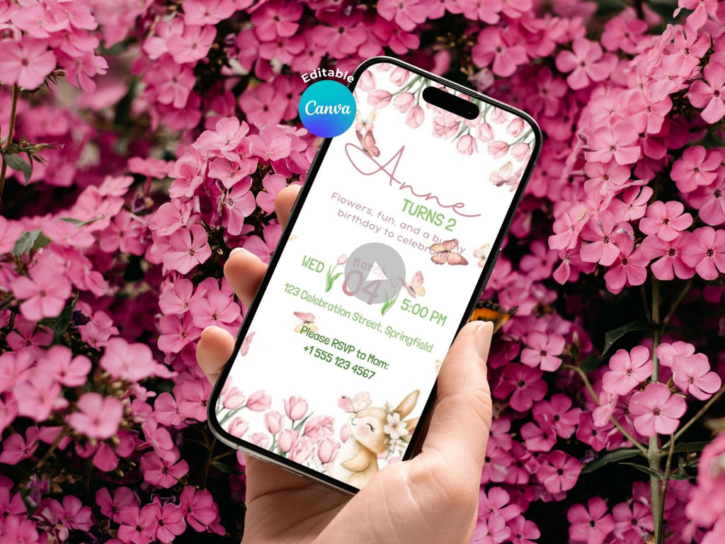 Floral Bunny Birthday Invitation – Editable Canva Template – Share video mp4 – Instant Download