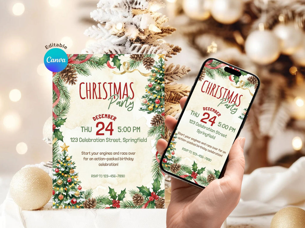 Christmas Tree Holiday Invitation – Editable Canva Template – Share or Printable 5x7 – Instant Download