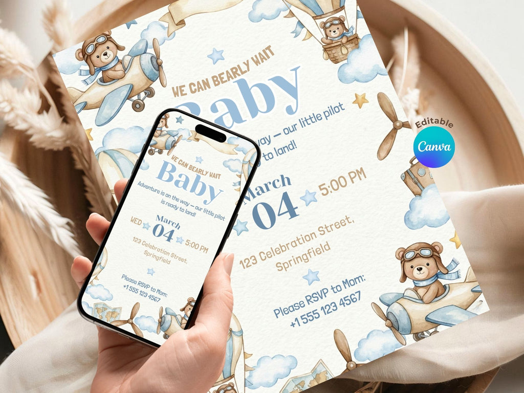 Aviator Teddy Baby Shower Invitation – Watercolor Plane Theme – Editable Canva Template – Share or Printable 5x7 – Instant Download