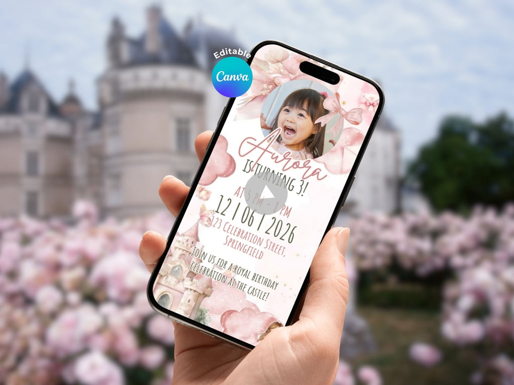 Castle Birthday Invitation – Editable Canva Template – Share video mp4 – Instant Download