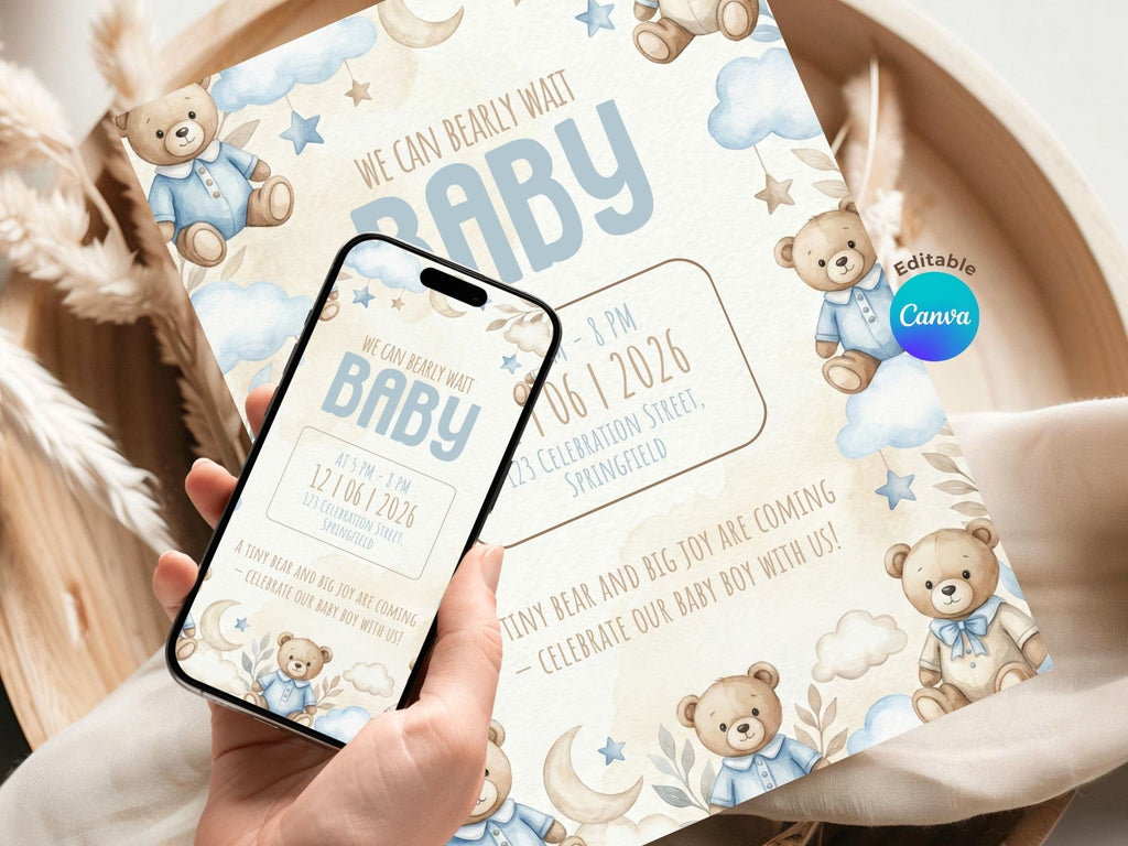 Blue Teddy Bear Baby Shower Invitation – Watercolor Plane Theme – Editable Canva Template – Share or Printable 5x7 – Instant Download