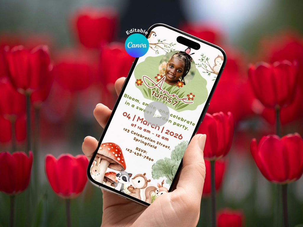 Cute Garden Birthday Invitation – Editable Canva Template – Share video mp4 – Instant Download