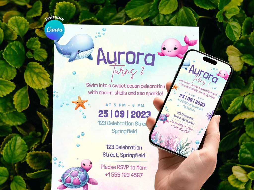 Pink Under The Sea Invitation – Editable Canva Template – Share or Printable 5x7 – Instant Download