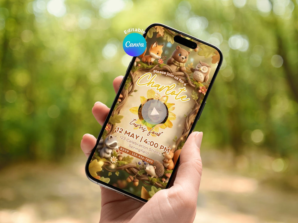 3D Enchanted Forest Birthday Invitation – Editable Canva Template – Share video mp4 – Instant Download