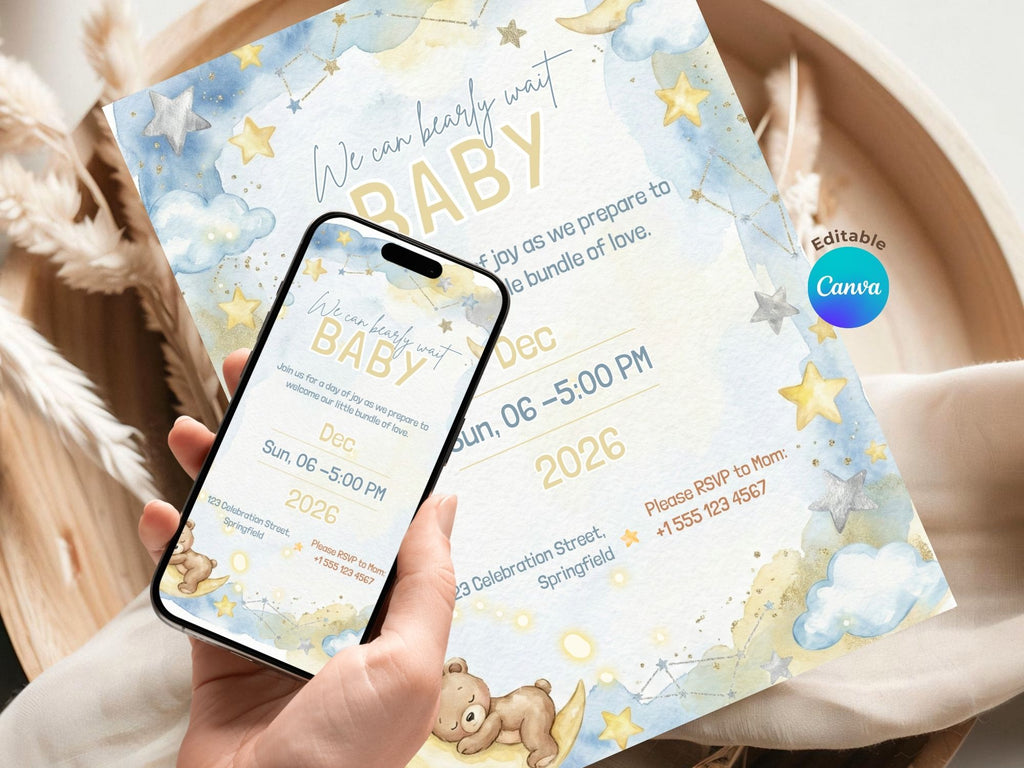Teddy Bear in the Clouds Baby Shower Invitation – Watercolor Plane Theme – Editable Canva Template – Share or Printable 5x7 – Instant Download