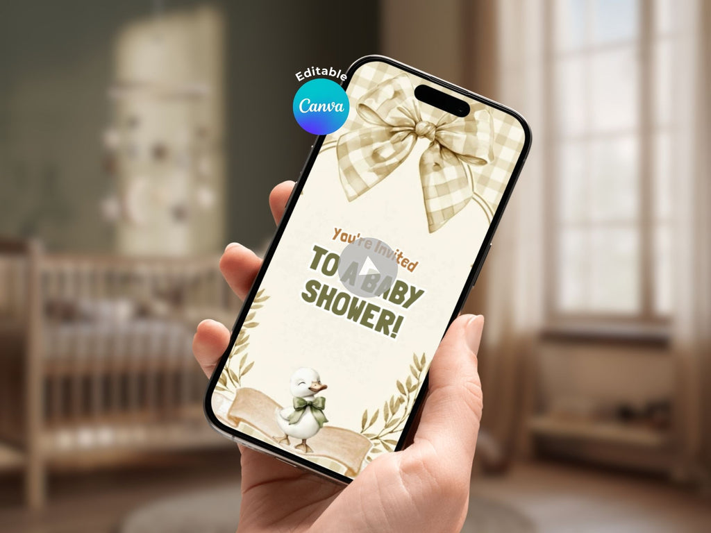 Checkered Duck Baby Shower Invitation – Editable Canva Template – Share video mp4 – Instant Download