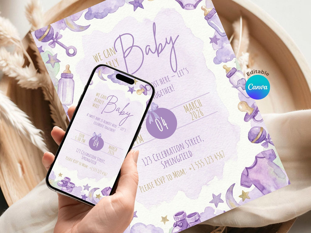 Purple Starry Baby Shower Invitation – Watercolor Plane Theme – Editable Canva Template – Share or Printable 5x7 – Instant Download
