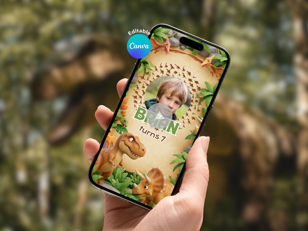 3D Dinosaur Birthday Video Invitation – Editable Canva Template – Share video mp4 – Instant Download