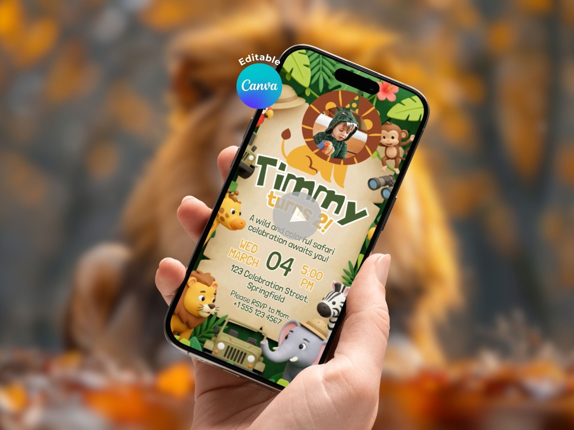 Colorful Safari Birthday Video Invitation – Editable Canva Template – Share video mp4 – Instant Download