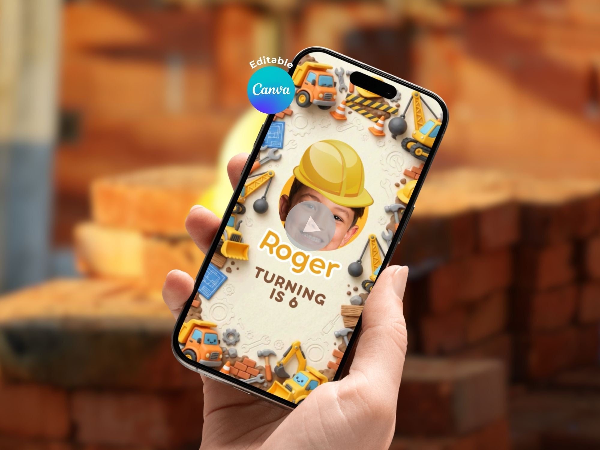 Construction Birthday Video Invitation – Editable Canva Template – Share video mp4 – Instant Download