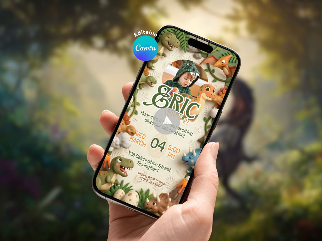 3D Dinosaur Birthday Invitation – Editable Canva Template – Share video mp4 – Instant Download