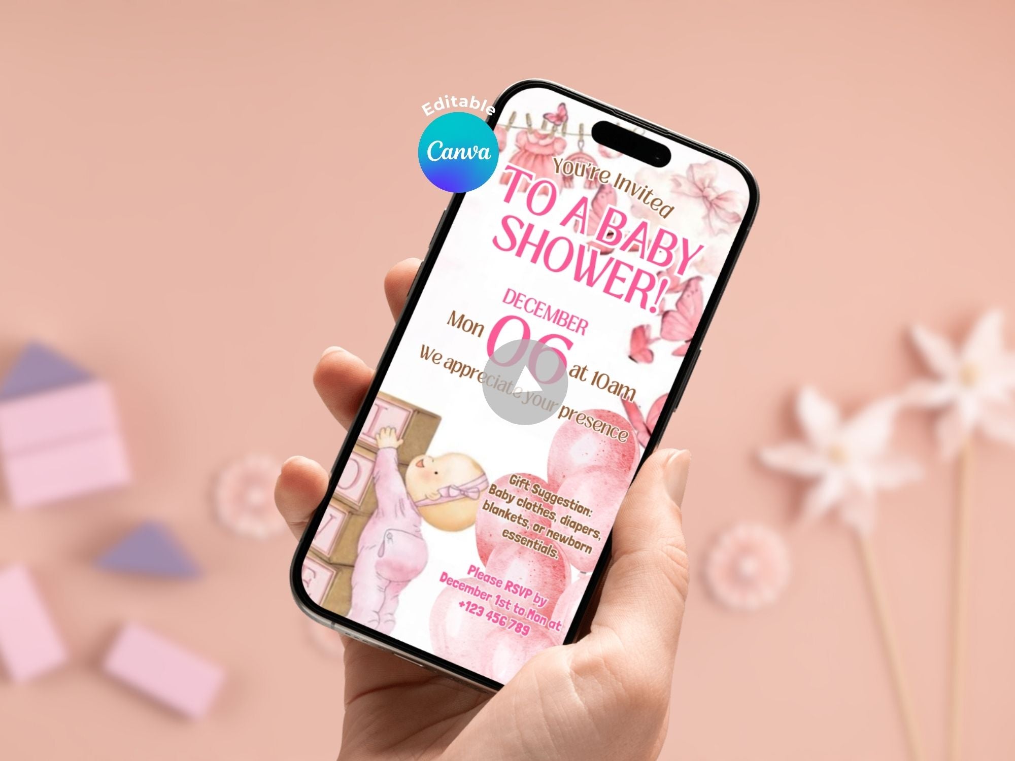 Pink Baby Love Baby Shower – Editable Canva Template – Share video mp4 – Instant Download