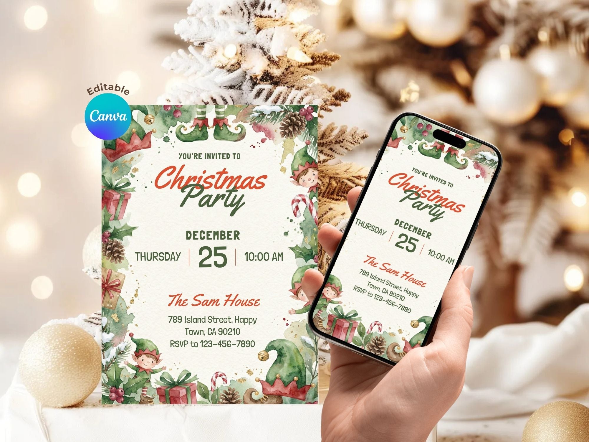 Christmas Elf Party – Editable Canva Template – Share or Printable 5x7 – Instant Download