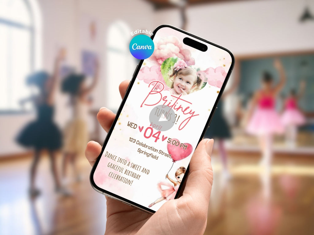 Pink Ballerina Birthday Invitation – Editable Canva Template – Share video mp4 – Instant Download