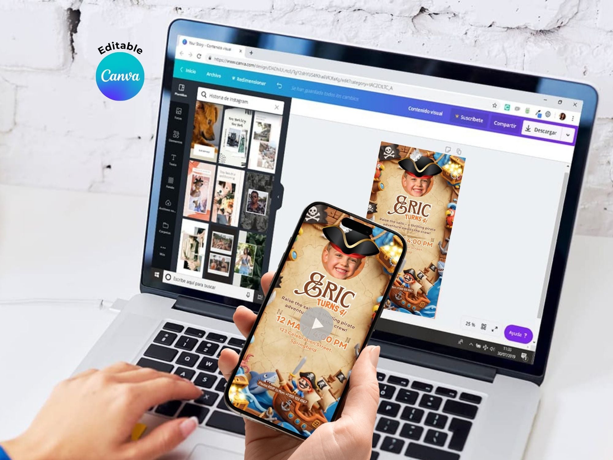 Pirate Adventure Birthday Invitation – Editable Canva Template – Share video mp4 – Instant Download