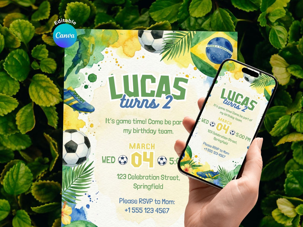 Soccer Boy Birthday Invitation – Editable Canva Template – Share or Printable 5x7 – Instant Download