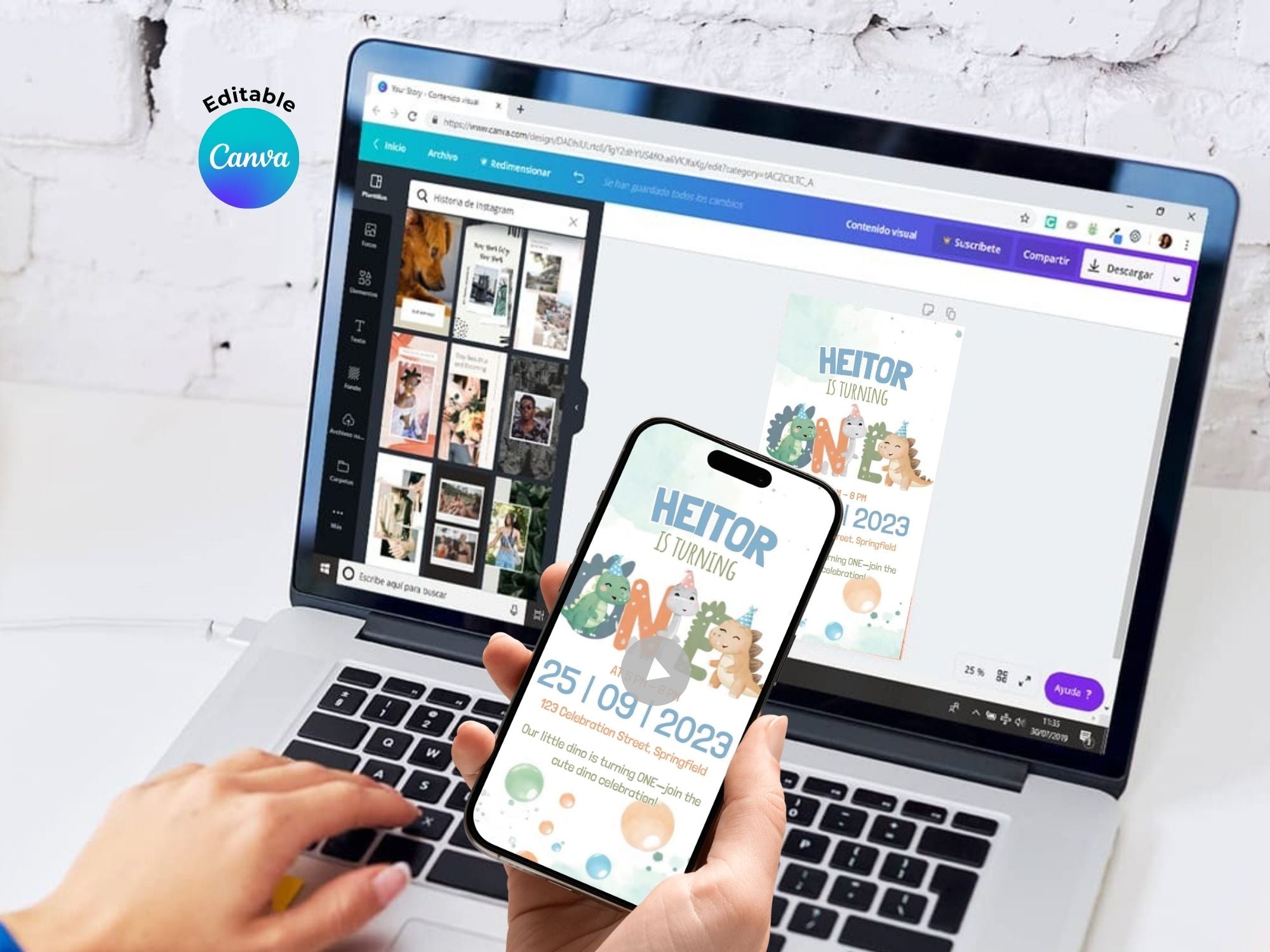 Baby Dino First Birthday Invitation – Editable Canva Template – Share video mp4 – Instant Download