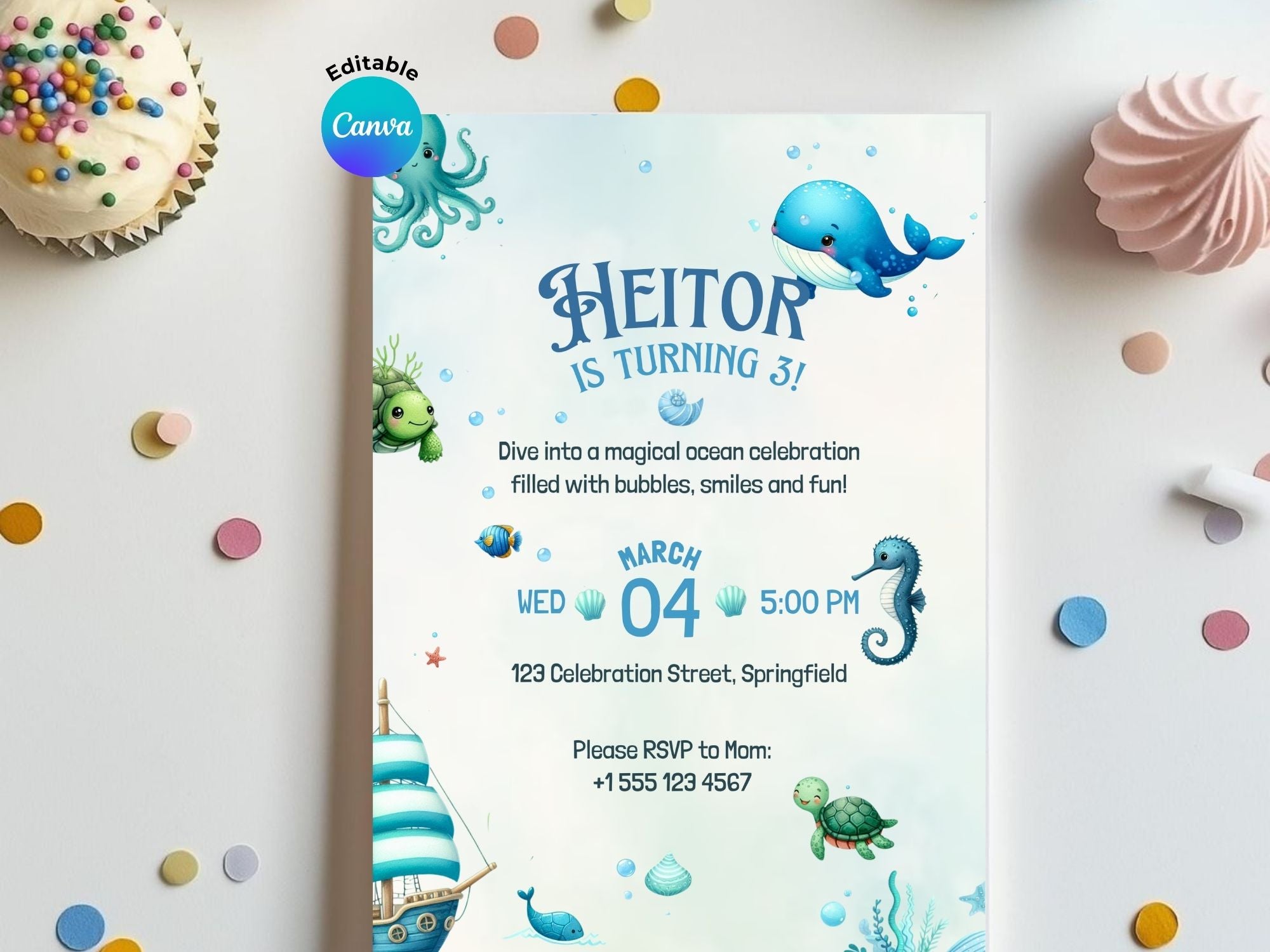 Blue Under The Sea Invitation – Editable Canva Template – Share or Printable 5x7 – Instant Download