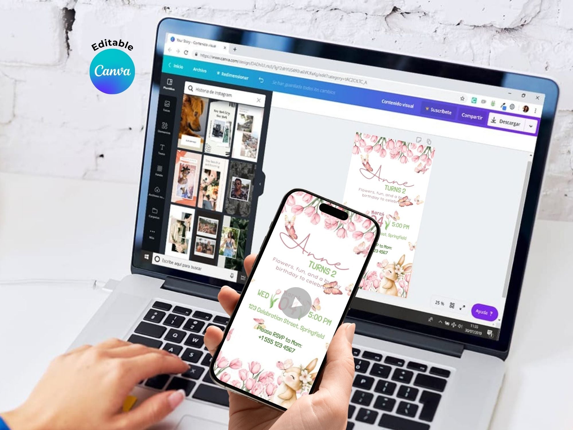 Floral Bunny Birthday Invitation – Editable Canva Template – Share video mp4 – Instant Download