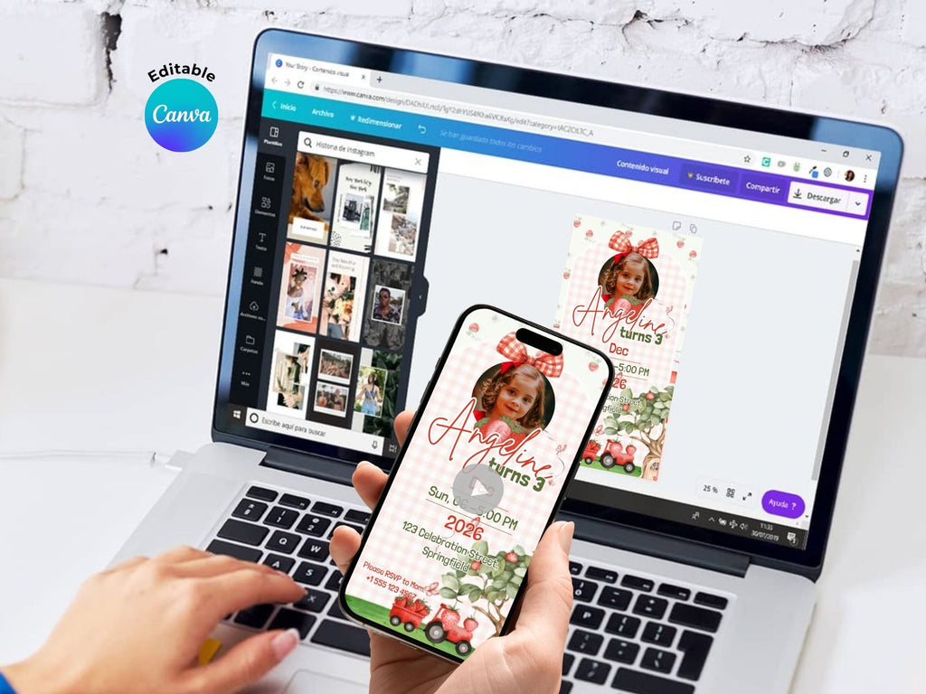 Strawberry Birthday Invitation – Editable Canva Template – Share video mp4 – Instant Download