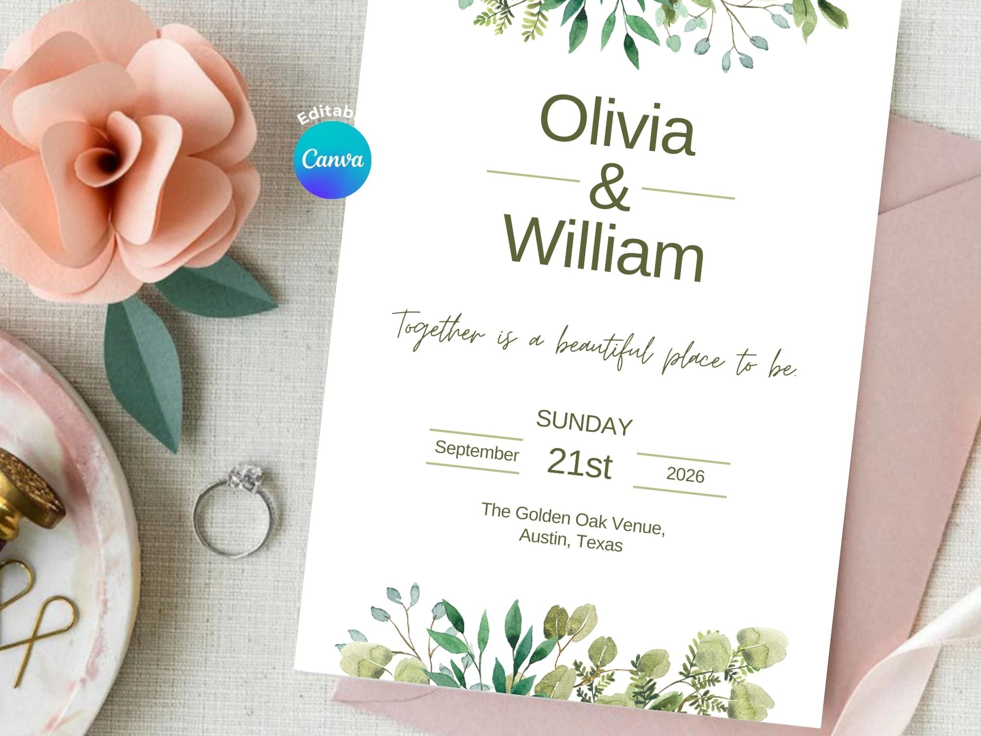 Timeless Bloom Wedding Invitation – Editable Canva Template – Share or Printable 5x7 – Instant Download