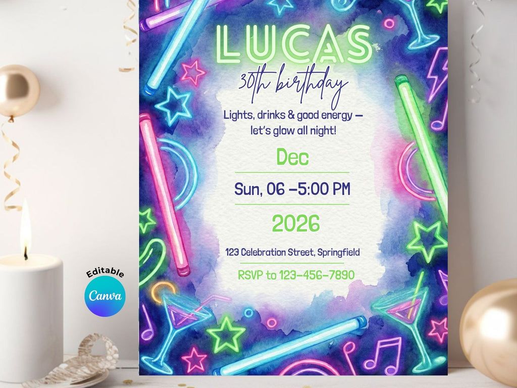 Neon Drink Party Invitation – Editable Canva Template – Share or Printable 5x7 – Instant Download