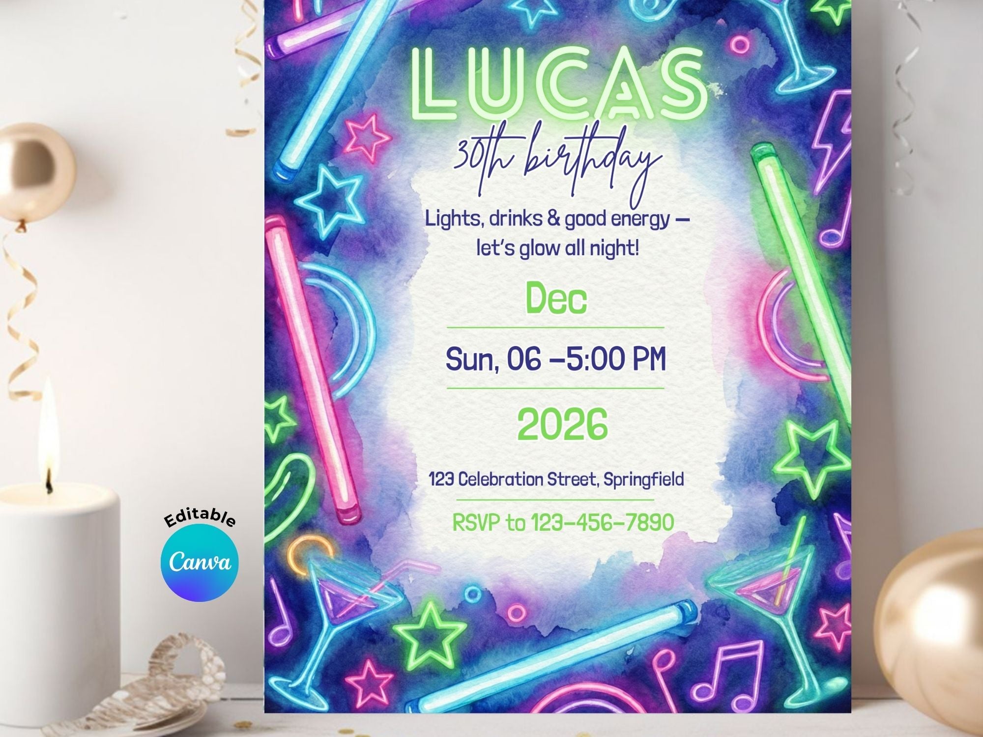 Neon Drink Party Invitation – Editable Canva Template – Share or Printable 5x7 – Instant Download