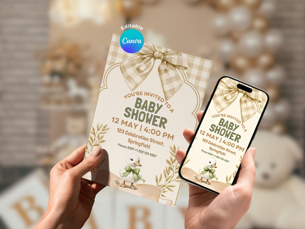 Checkered Duck Baby Shower Invitation FULL PARTY BUNDLE - Video Invite & Matching Printables