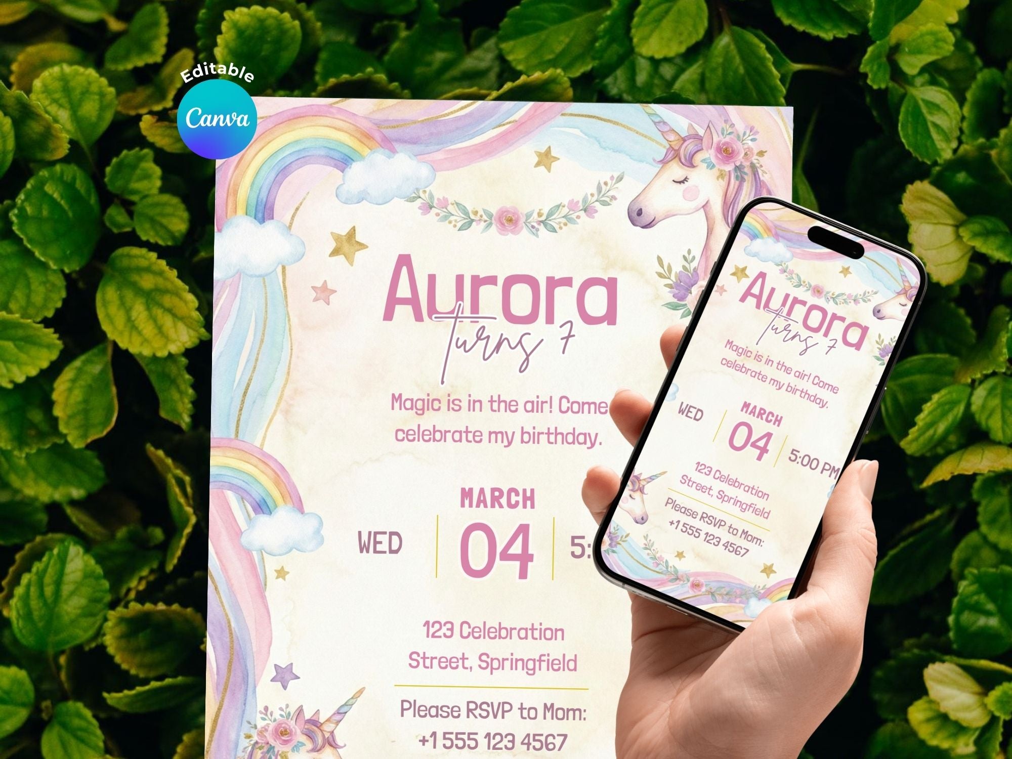 Unicorn Birthday Invitation – Editable Canva Template – Share or Printable 5x7 – Instant Download