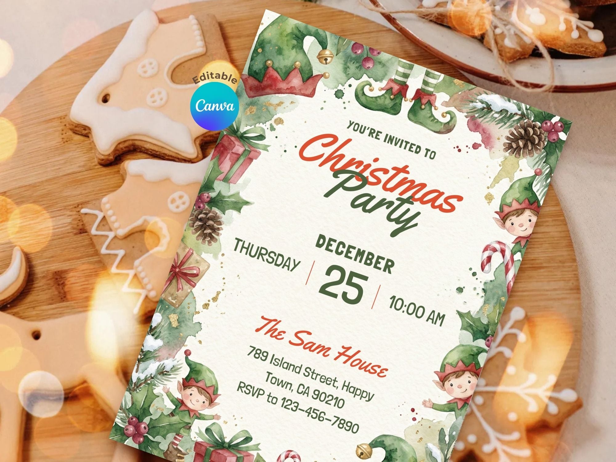 Christmas Elf Party – Editable Canva Template – Share or Printable 5x7 – Instant Download