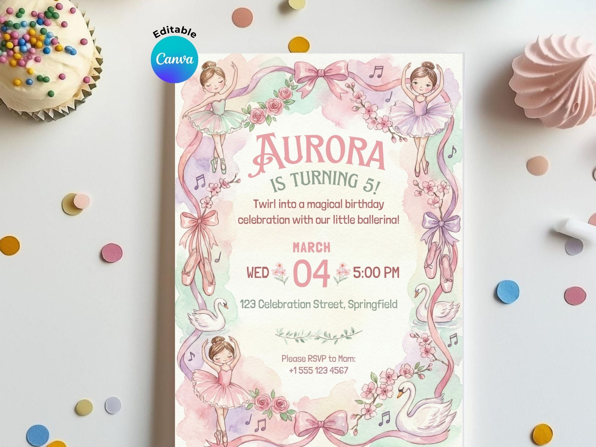 Ballerina Watercolor Invitation – Editable Canva Template – Share or Printable 5x7 – Instant Download