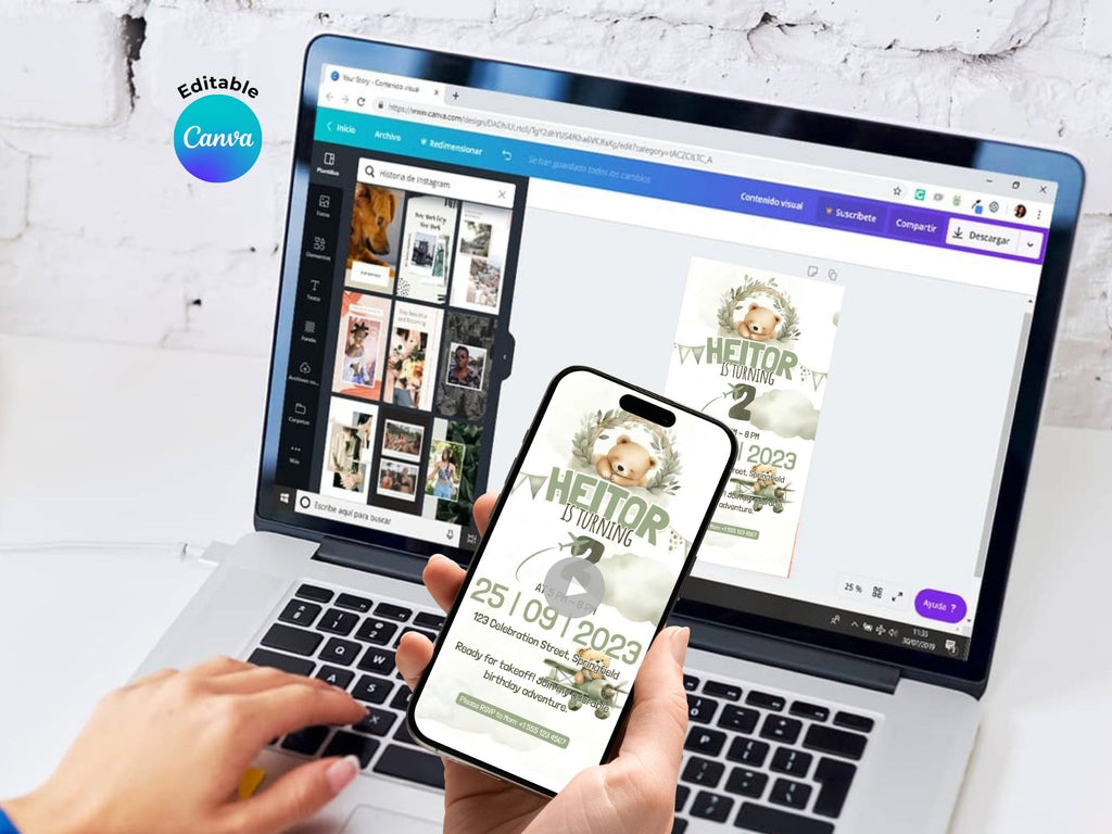 Green Aviator Bear Birthday Invitation – Editable Canva Template – Share video mp4 – Instant Download