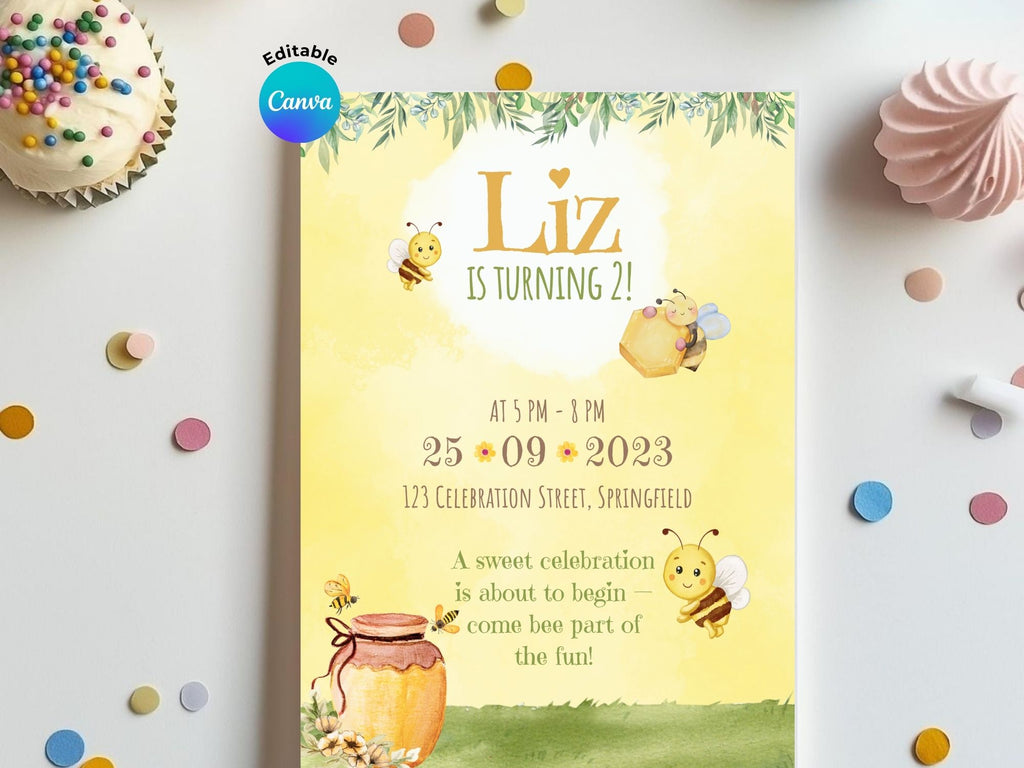 Honey Bee Floral Invitation – Editable Canva Template – Share or Printable 5x7 – Instant Download