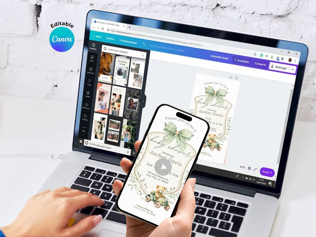 Green Baby Car Bear Baby Shower Invitation – Editable Canva Template – Share video mp4 – Instant Download