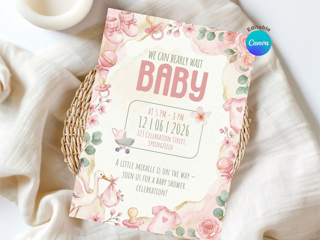 Watercolor Stork Baby Shower Invitation – Watercolor Plane Theme – Editable Canva Template – Share or Printable 5x7 – Instant Download