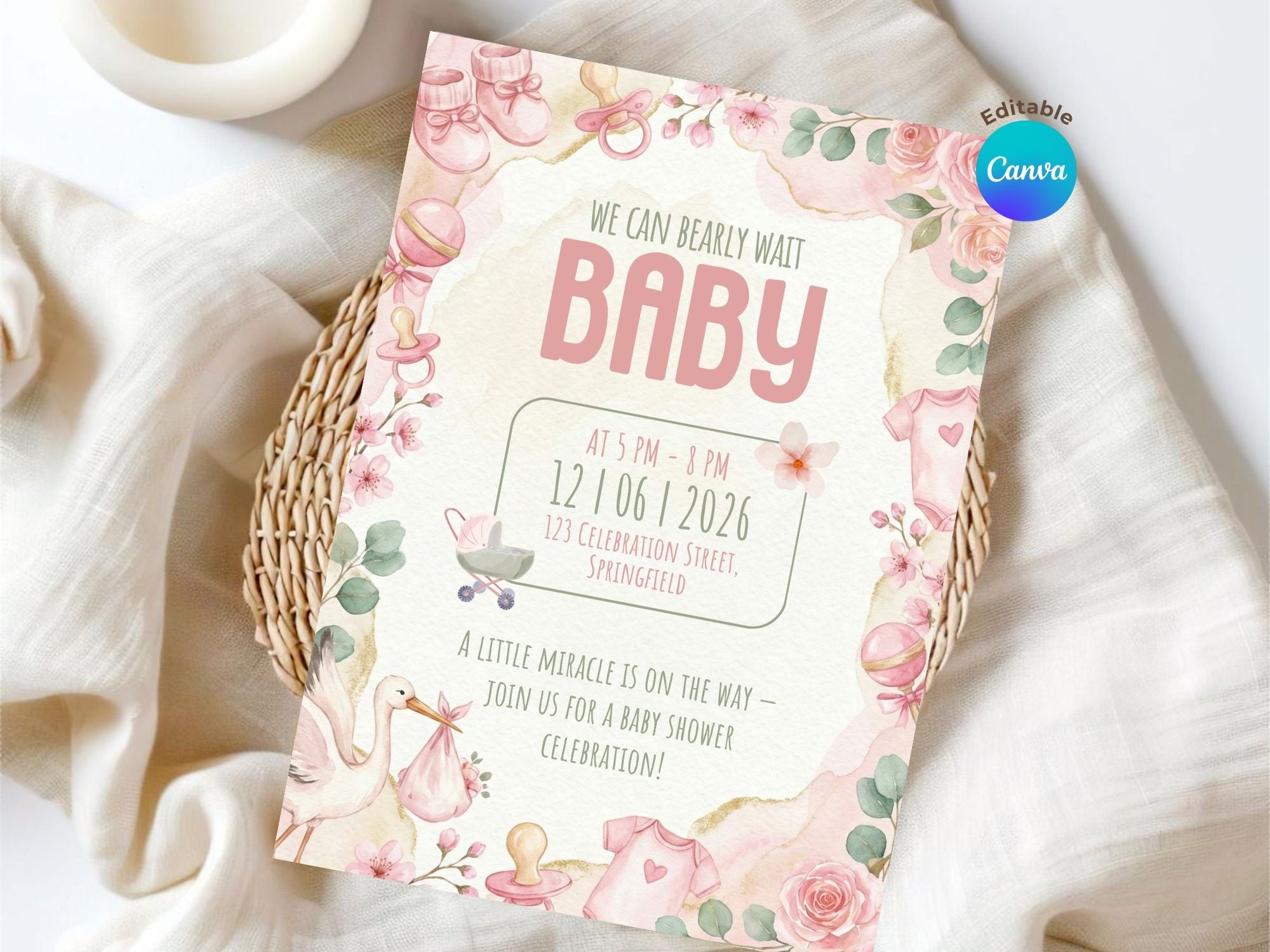 Watercolor Stork Baby Shower Invitation – Watercolor Plane Theme – Editable Canva Template – Share or Printable 5x7 – Instant Download