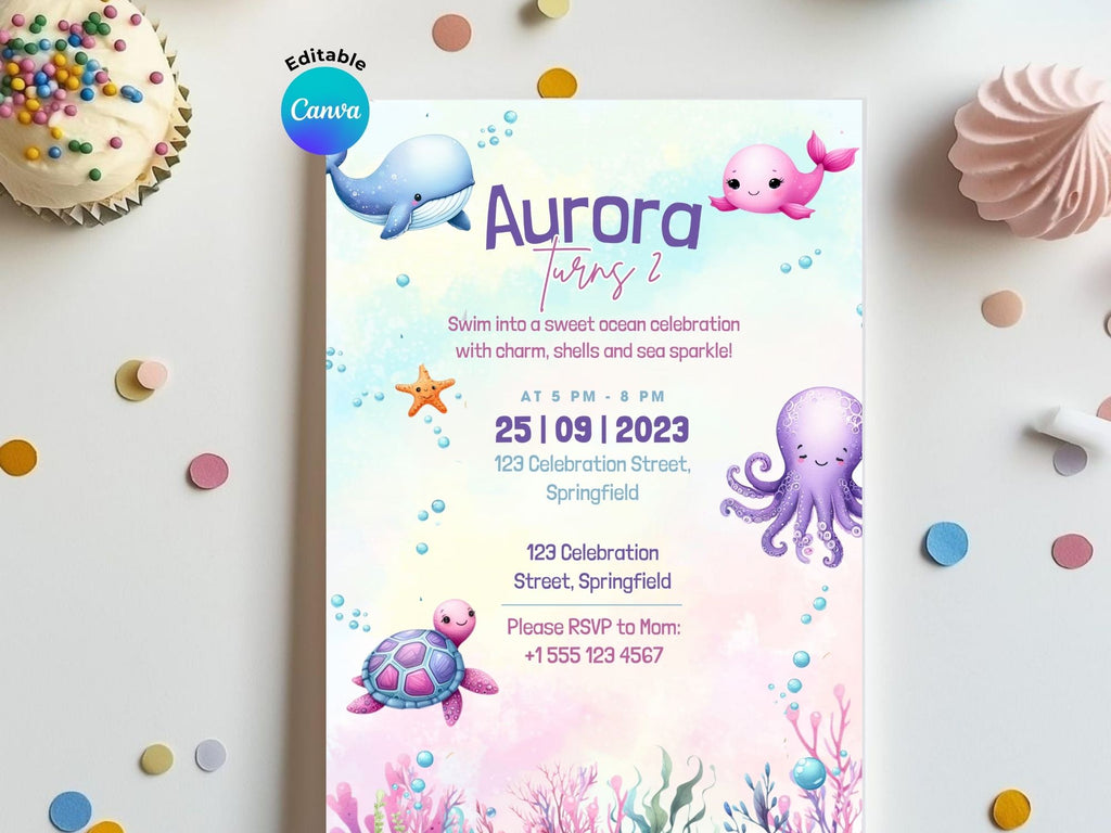 Pink Under The Sea Invitation – Editable Canva Template – Share or Printable 5x7 – Instant Download